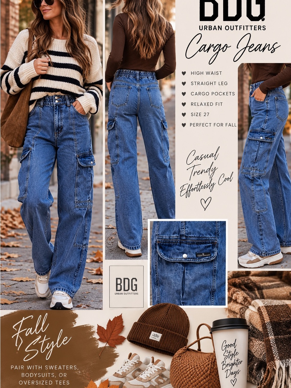 BDG Straight-Leg Cargo Jeans in Blue Denim